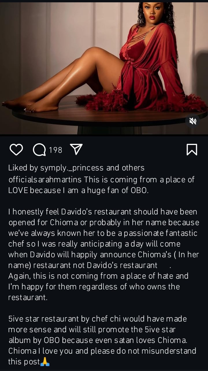 Sarah Martins reacts as Davido opens new restaurant