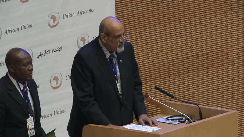 Top 7 Scholarships for African Students Interested in Renewable Energy 17 A man with a beard and glasses stands at a podium speaking into a microphone, with another man in a suit visible behind him, and "African Union" logos on a wall