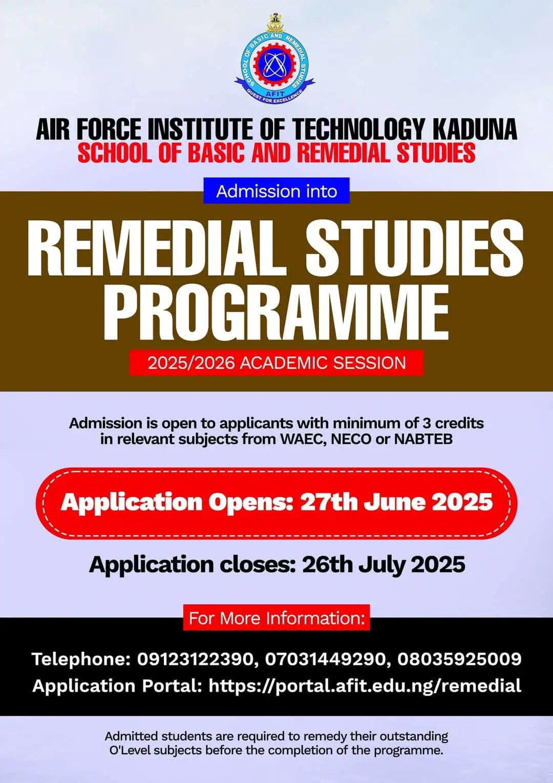 AFIT Remedial Admission Form 2025/2026 3 AFIT Remedial Admission 2025/2026: Application Now Open