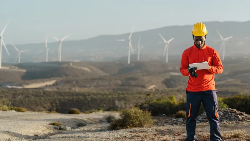 Top 7 Scholarships for African Students Interested in Renewable Energy 19 Man in hard hat views tablet at wind farm