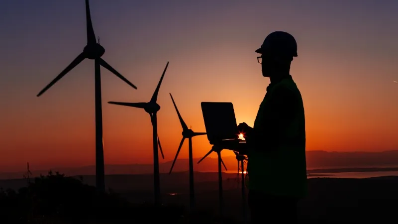 Top 7 Scholarships for African Students Interested in Renewable Energy 20 A silhouetted person in a hard hat looks at a laptop against a sunset backdrop with wind turbines