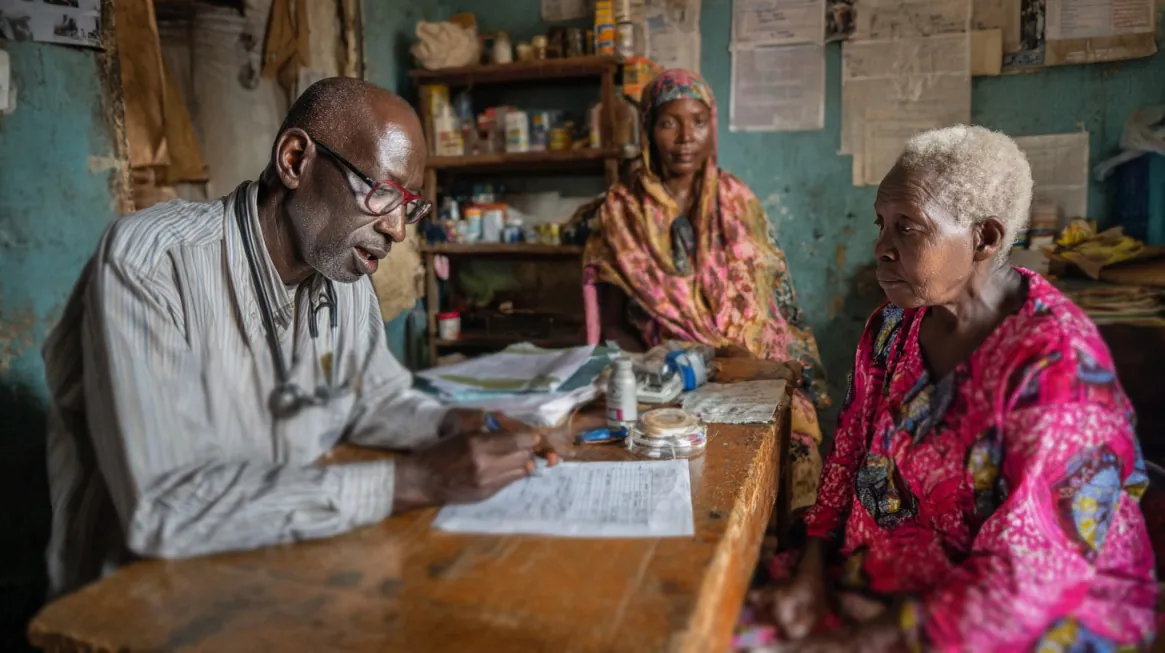 How Reliable Power Transforms Rural Health and Education in Africa 23 An African doctor writing notes during a consultation with an elderly woman and another woman in a rural clinic
