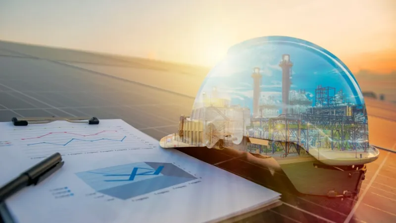 Top 7 Scholarships for African Students Interested in Renewable Energy 21 A clear hard hat, showing a power plant within, sits on a solar panel with charts and a pen beside it