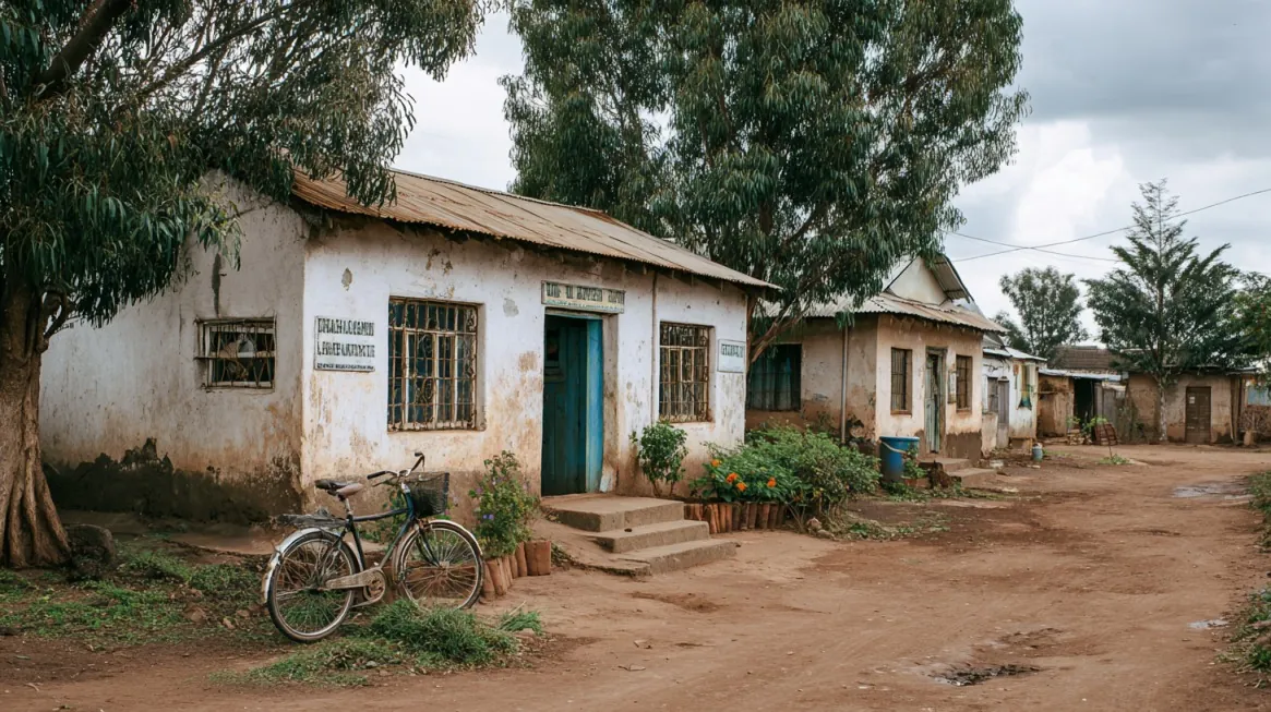 How Reliable Power Transforms Rural Health and Education in Africa 19 A small rural health clinic with a bicycle parked outside, surrounded by trees and dirt roads in Africa