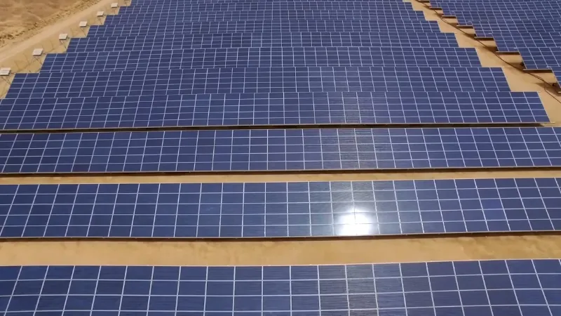 Top 7 Scholarships for African Students Interested in Renewable Energy 15 A vast array of blue solar panels stretches across a sandy, arid landscape under a bright sky